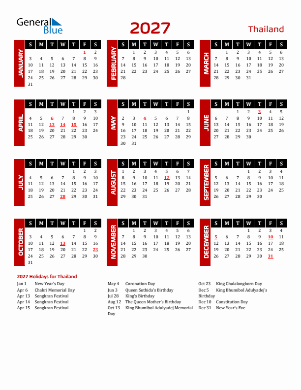 Download Thailand 2027 Calendar - Sunday Start