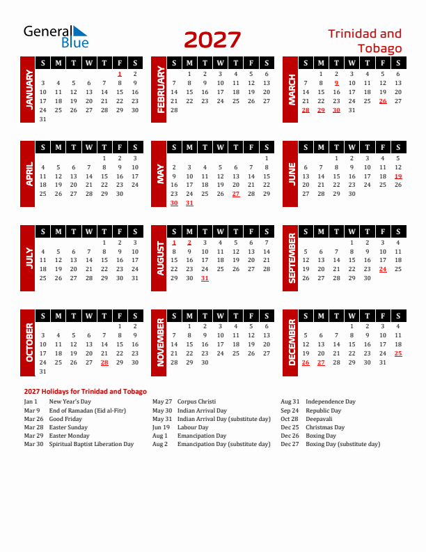 Download Trinidad and Tobago 2027 Calendar - Sunday Start