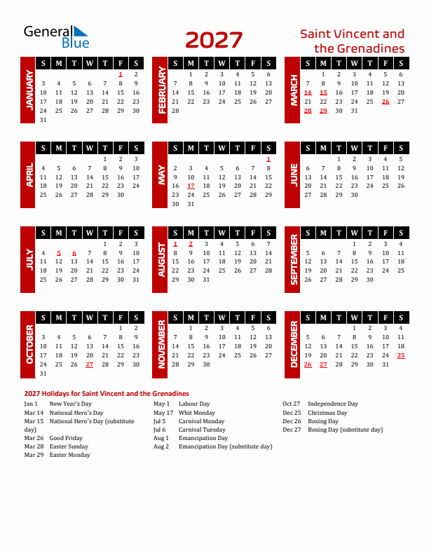 Download Saint Vincent and the Grenadines 2027 Calendar - Sunday Start