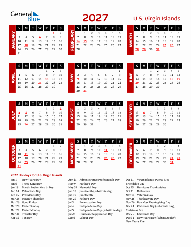 Download U.S. Virgin Islands 2027 Calendar - Sunday Start