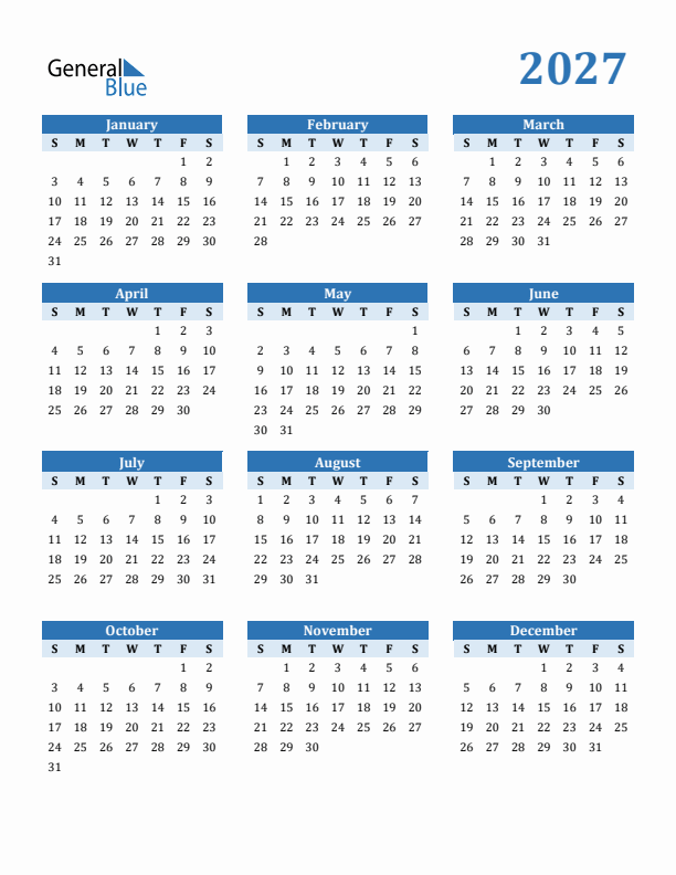 Free Downloadable 2027 Yearly Calendar Template Free Downloadable 2027 Yearly Calendar Template
