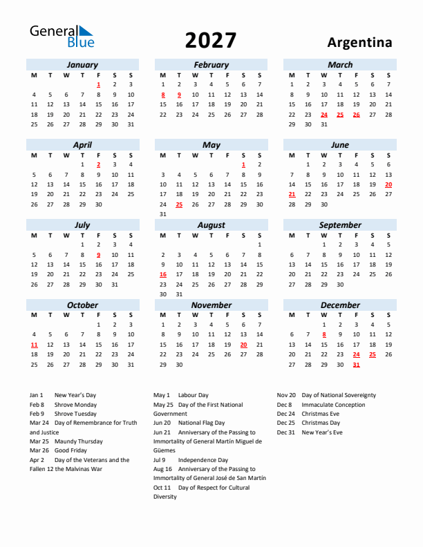 2027 Calendar for Argentina with Holidays
