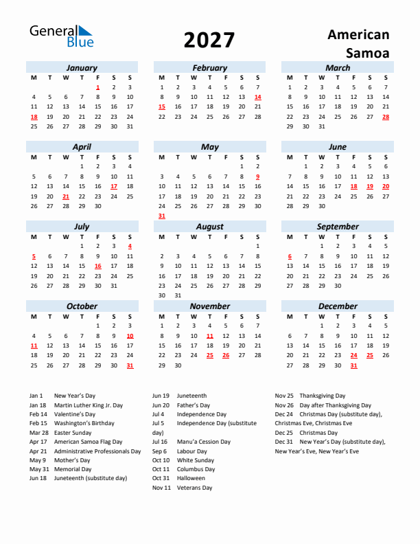 2027 Calendar for American Samoa with Holidays