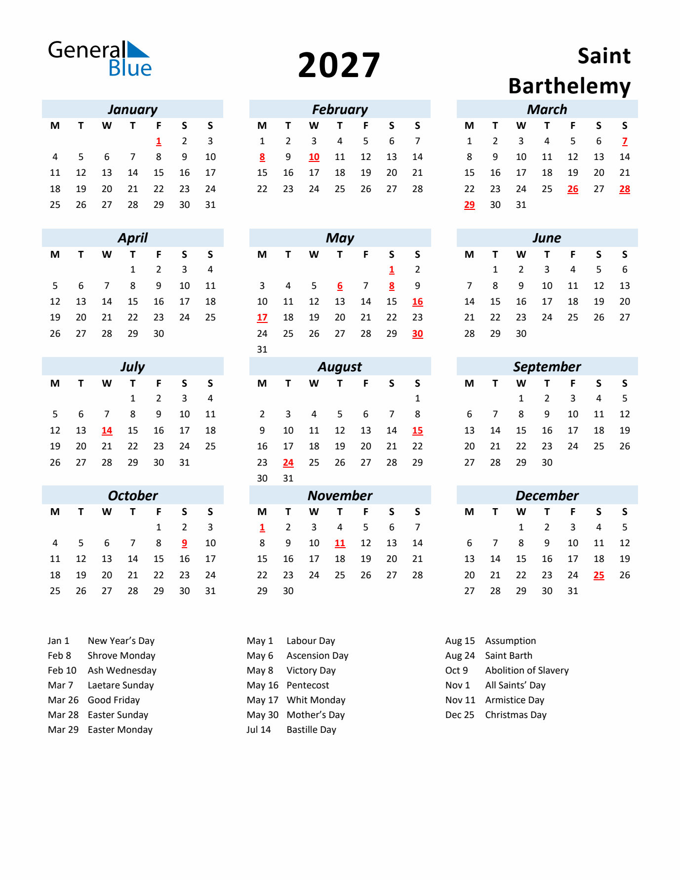 2027 Calendar for Saint Barthelemy with Holidays