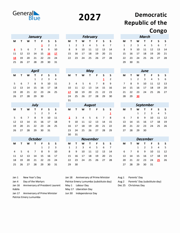 2027 Calendar for Democratic Republic of the Congo with Holidays
