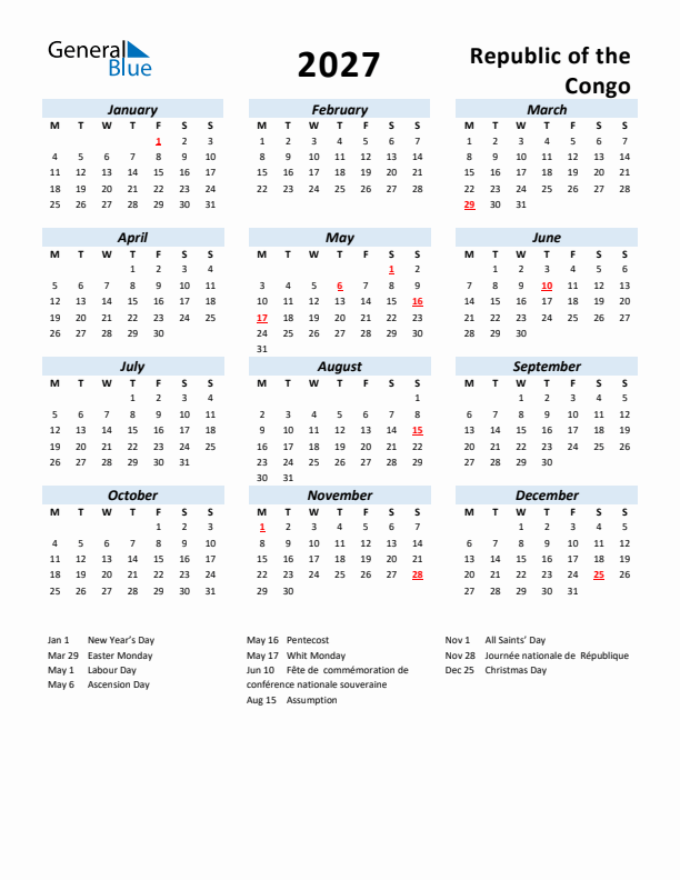 2027 Calendar for Republic of the Congo with Holidays