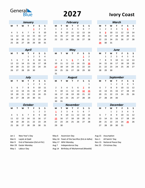 2027 Calendar for Ivory Coast with Holidays