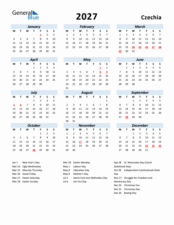 2027 Calendar for Czechia with Holidays
