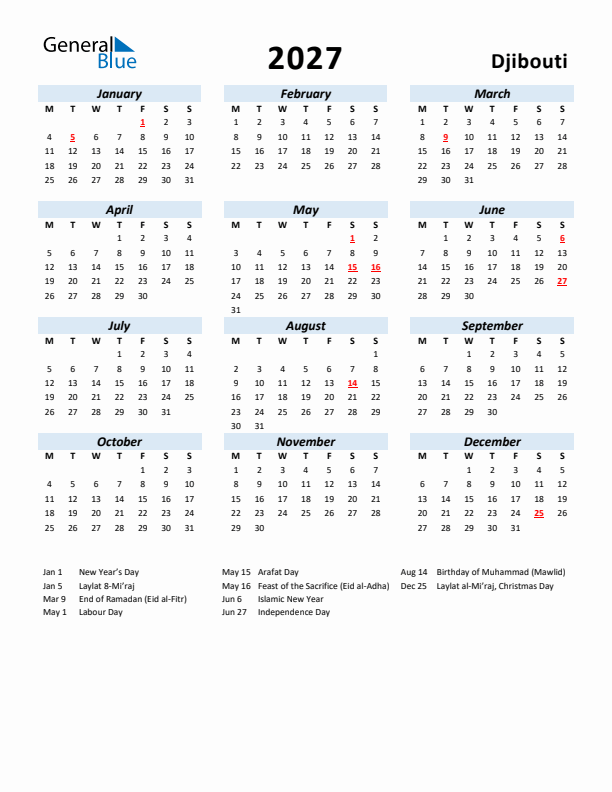 2027 Calendar for Djibouti with Holidays