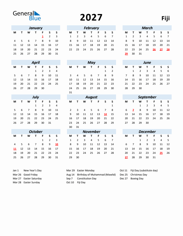 2027 Calendar for Fiji with Holidays
