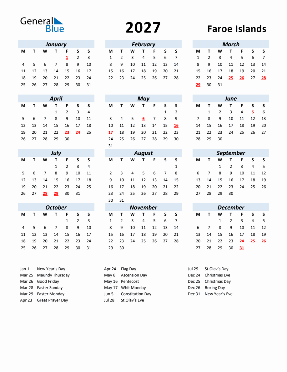 2027 Yearly Calendar for Faroe Islands with Holidays - Monday Start