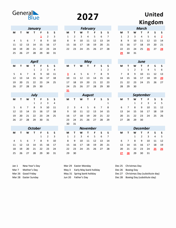 2027 United Kingdom Calendar With Holidays Monday Start 