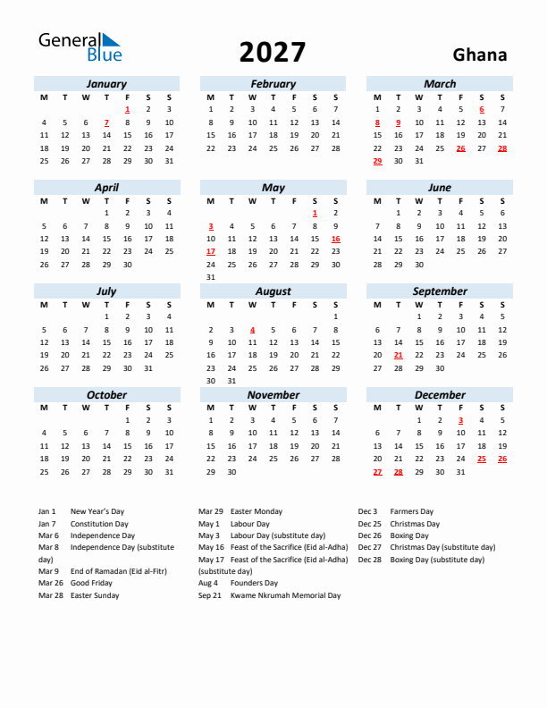 2027 Calendar for Ghana with Holidays