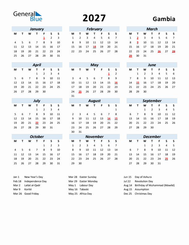 2027 Calendar for Gambia with Holidays