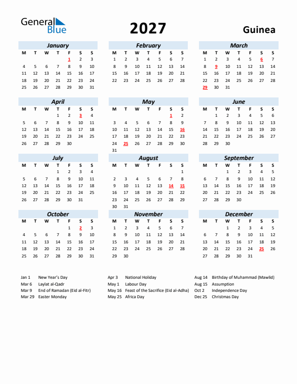 2027 Calendar for Guinea with Holidays