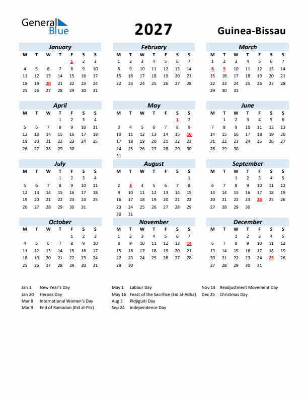 2027 Calendar for Guinea-Bissau with Holidays