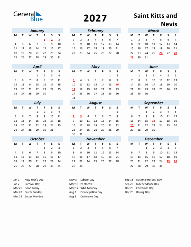 2027 Calendar for Saint Kitts and Nevis with Holidays