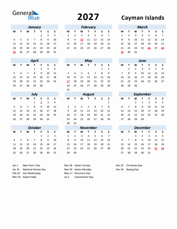 2027 Calendar for Cayman Islands with Holidays