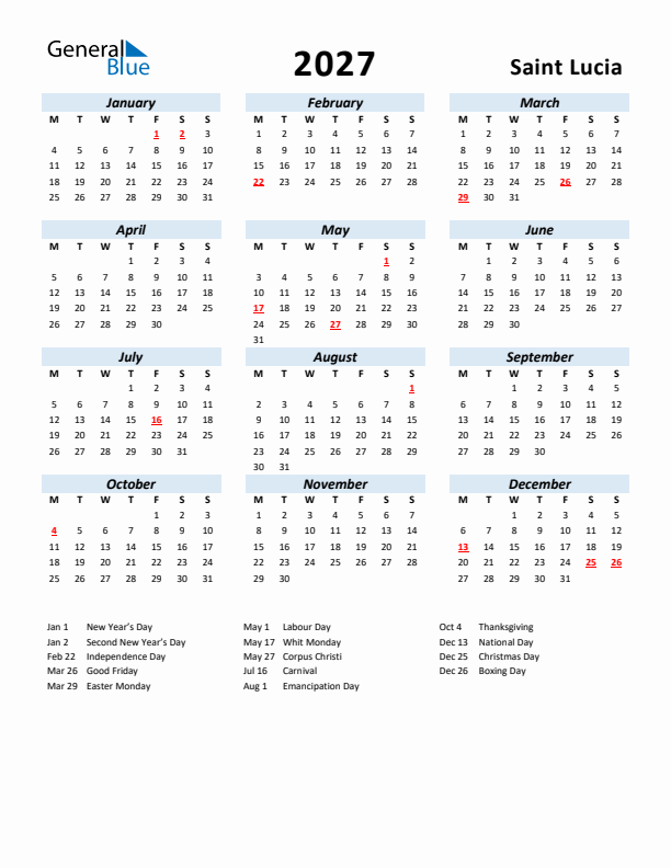 2027 Calendar for Saint Lucia with Holidays