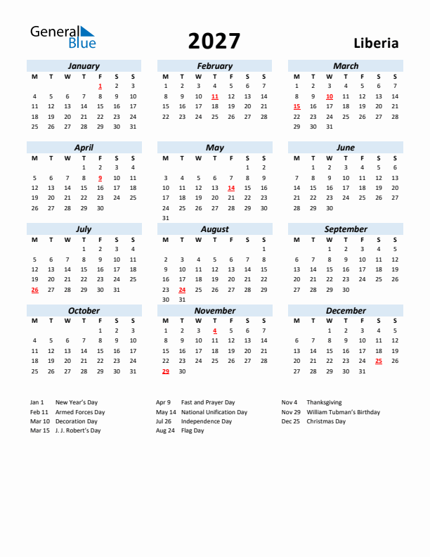 2027 Calendar for Liberia with Holidays