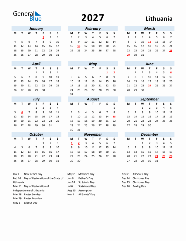 2027 Calendar for Lithuania with Holidays