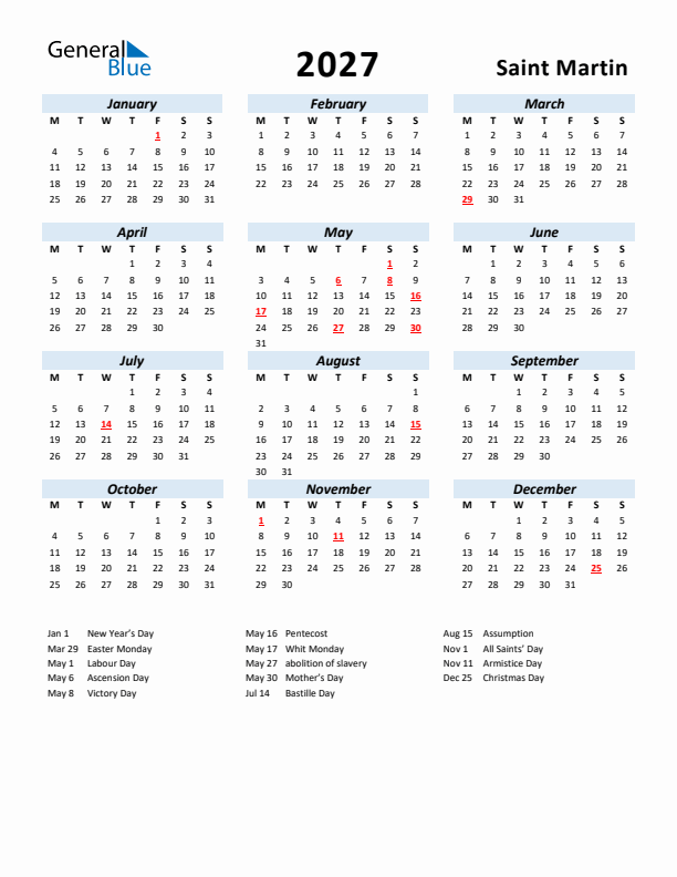 2027 Calendar for Saint Martin with Holidays