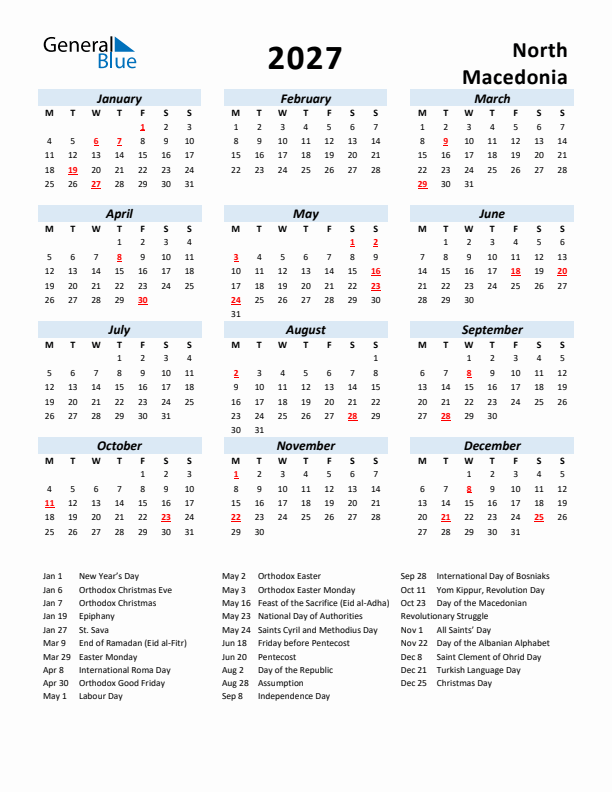 2027 Calendar for North Macedonia with Holidays