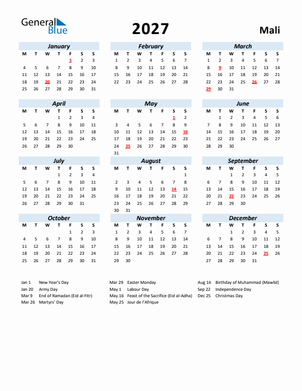 2027 Calendar for Mali with Holidays
