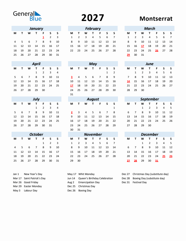 2027 Calendar for Montserrat with Holidays