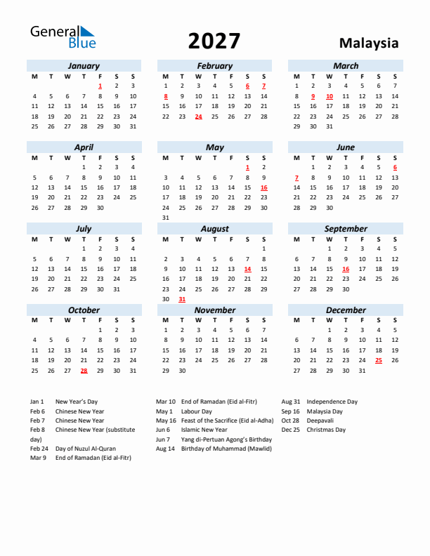 2027 Calendar for Malaysia with Holidays