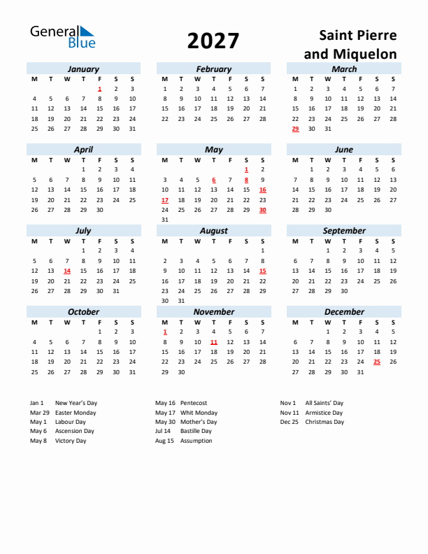 2027 Calendar for Saint Pierre and Miquelon with Holidays