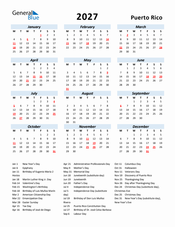 2027 Calendar for Puerto Rico with Holidays