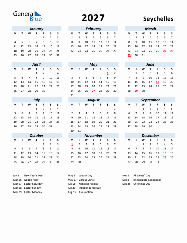 2027 Calendar for Seychelles with Holidays