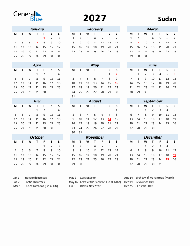 2027 Calendar for Sudan with Holidays