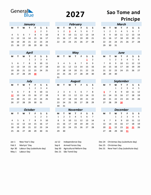 2027 Calendar for Sao Tome and Principe with Holidays