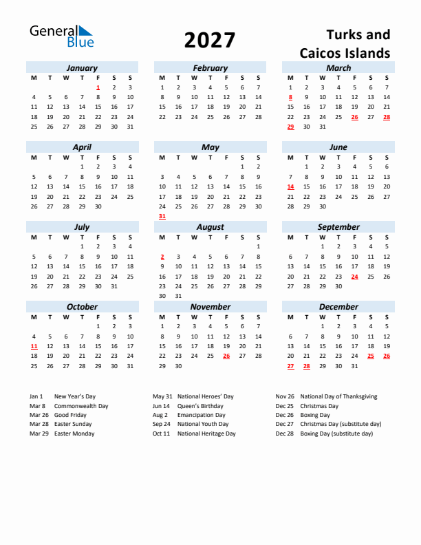 2027 Calendar for Turks and Caicos Islands with Holidays