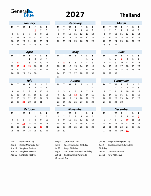 2027 Calendar for Thailand with Holidays