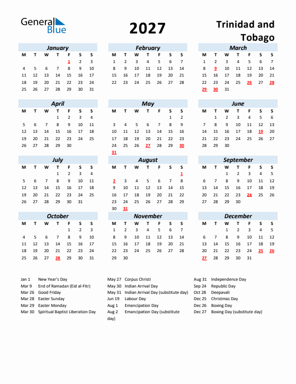 2027 Calendar for Trinidad and Tobago with Holidays