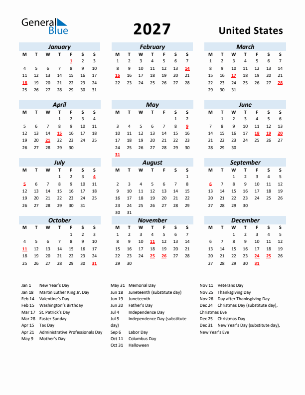 2027 Yearly Calendar For United States With Holidays Monday Start