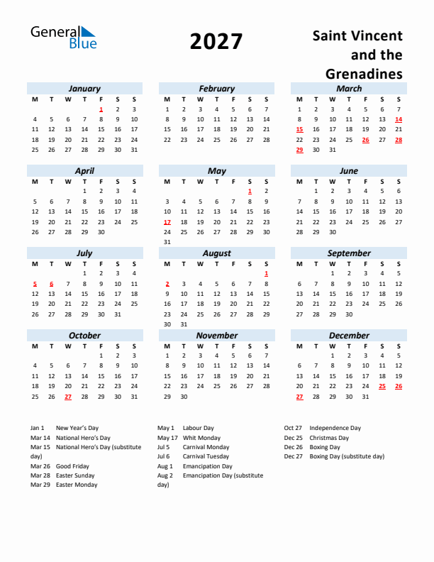 2027 Calendar for Saint Vincent and the Grenadines with Holidays