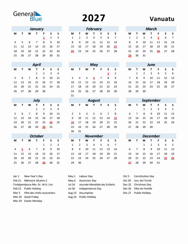 2027 Calendar for Vanuatu with Holidays