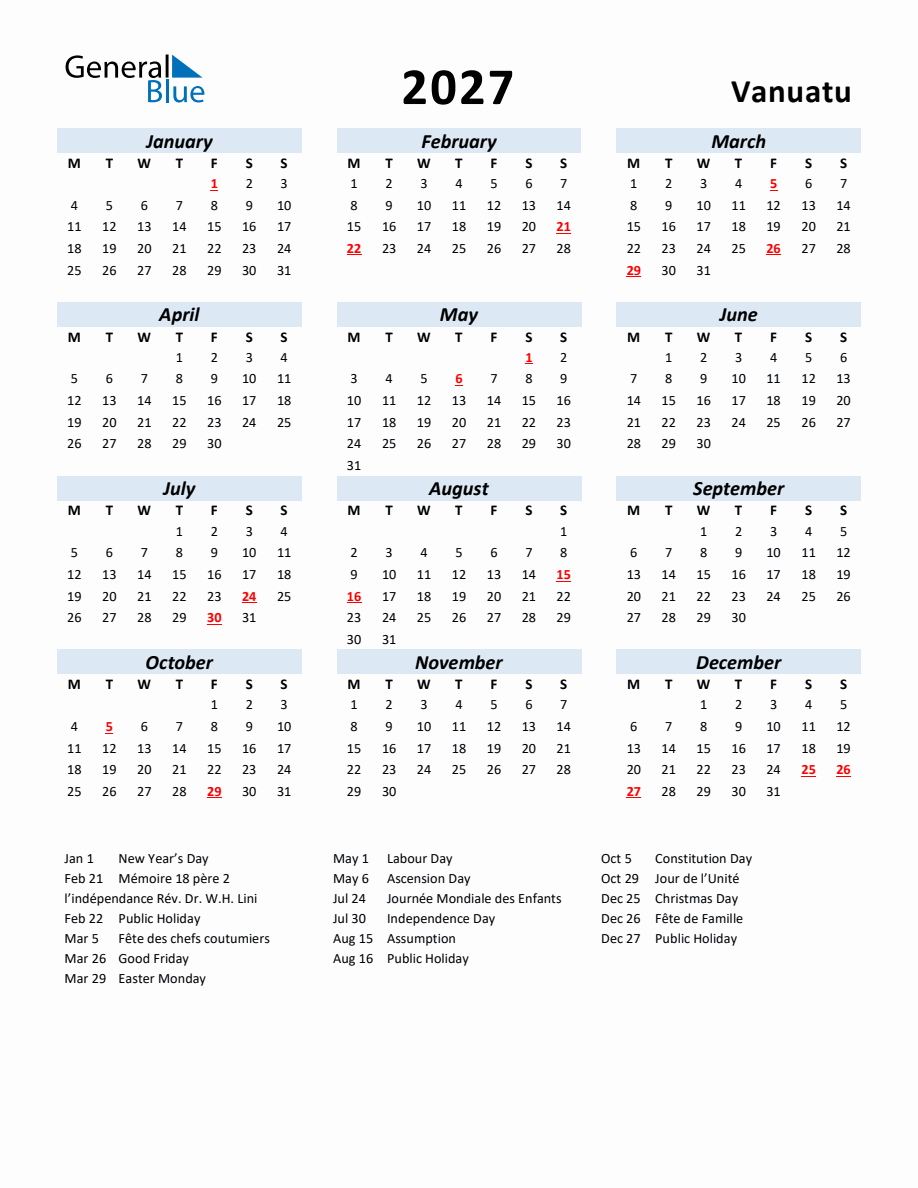 2027 Yearly Calendar for Vanuatu with Holidays - Monday Start