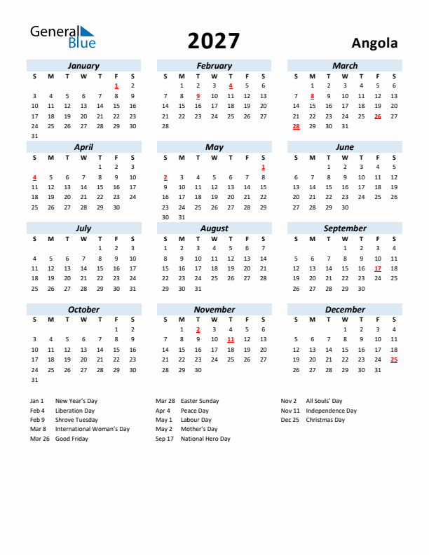 Standard Holiday Calendar For 2027 With Angola Holidays Standard Holiday Calendar For 2027 With Angola Holidays