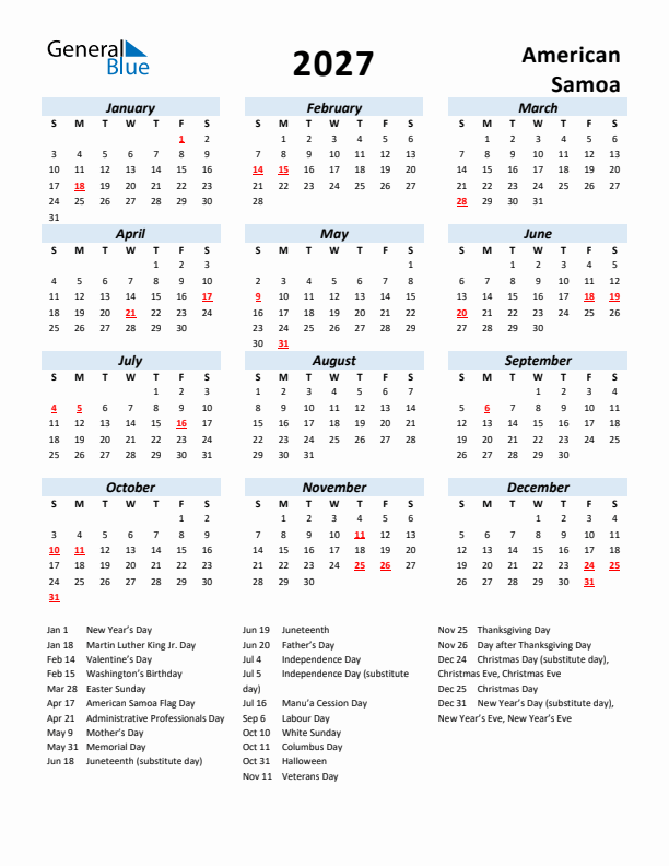 2027 Calendar for American Samoa with Holidays