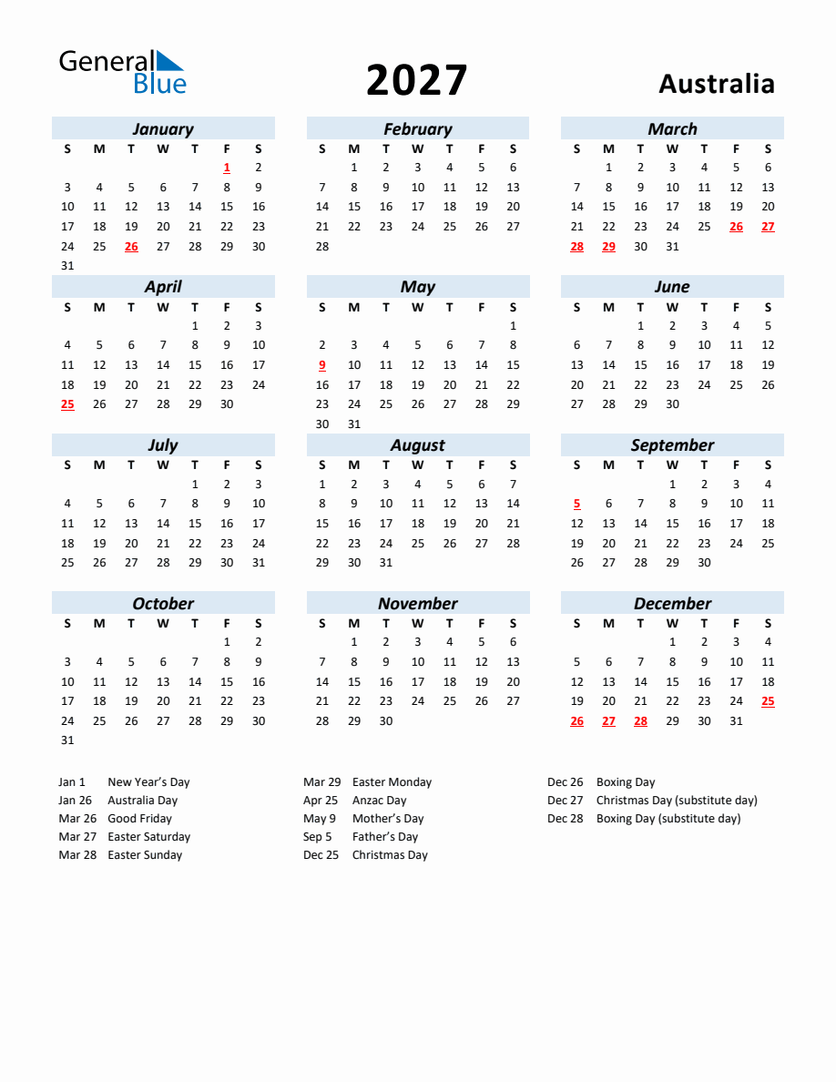 2027 Yearly Calendar for Australia with Holidays