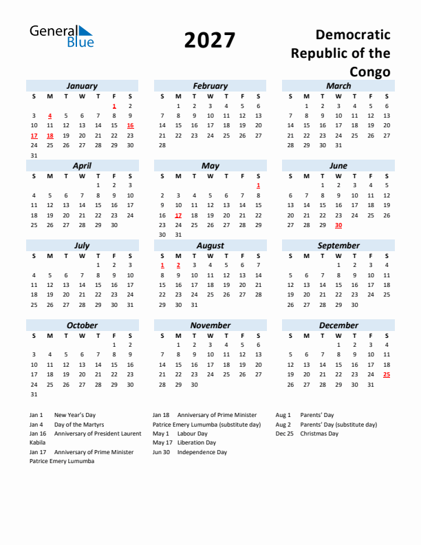 2027 Calendar for Democratic Republic of the Congo with Holidays