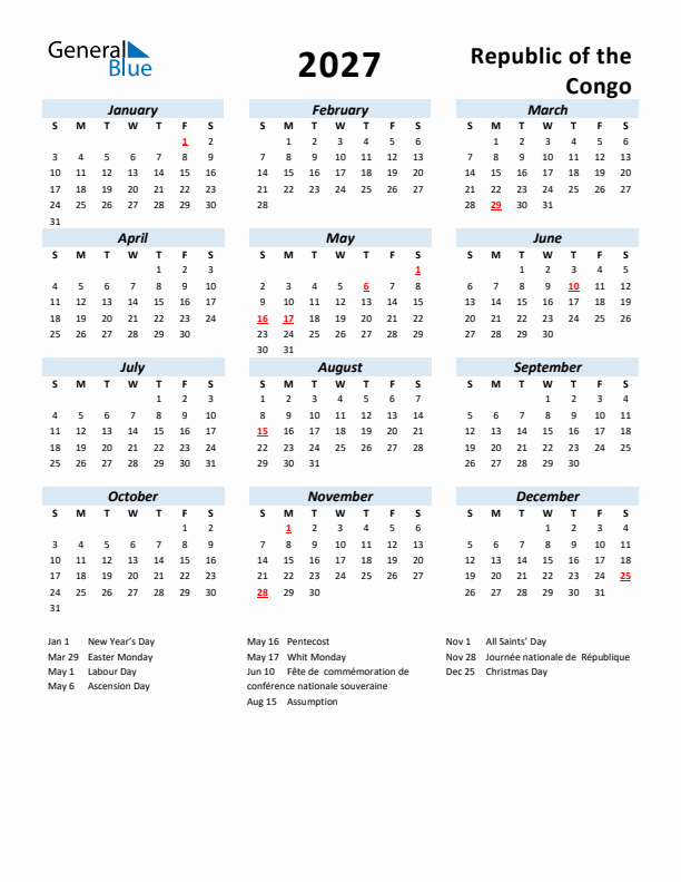 2027 Calendar for Republic of the Congo with Holidays