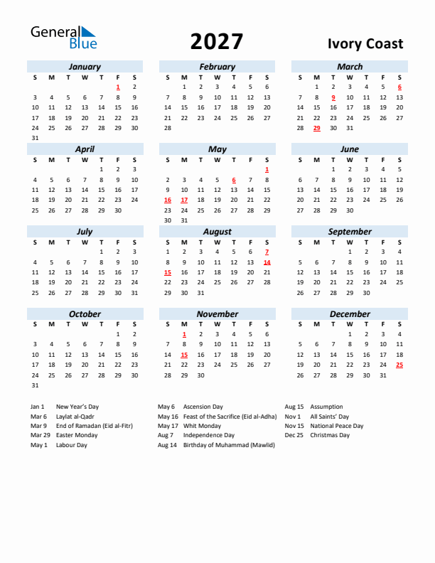 2027 Calendar for Ivory Coast with Holidays