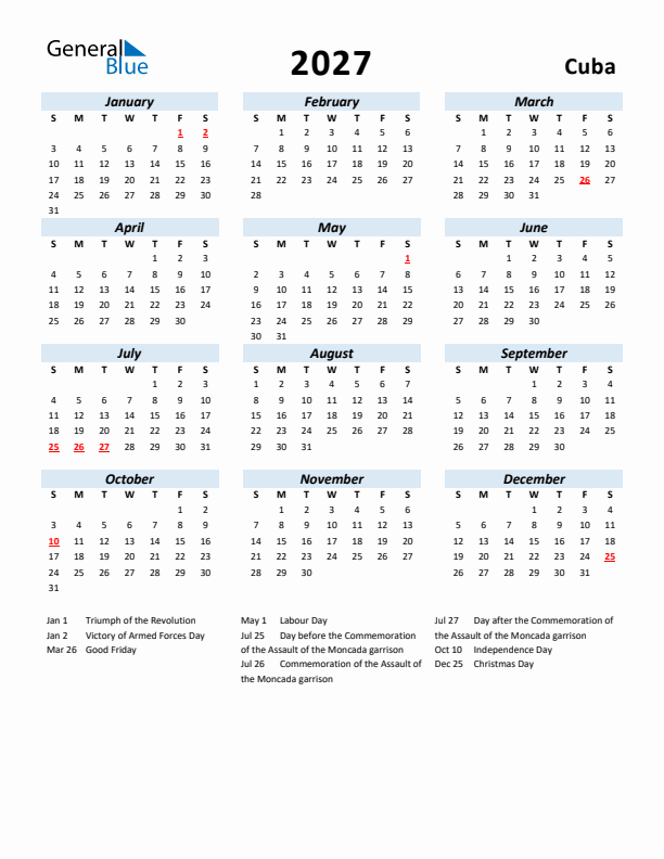 2027 Calendar for Cuba with Holidays