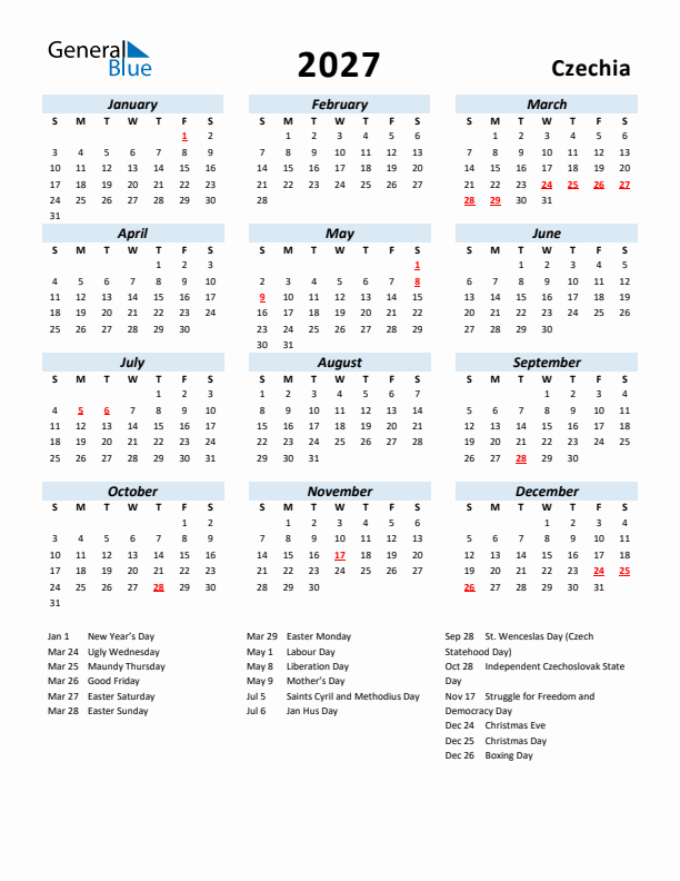 2027 Calendar for Czechia with Holidays